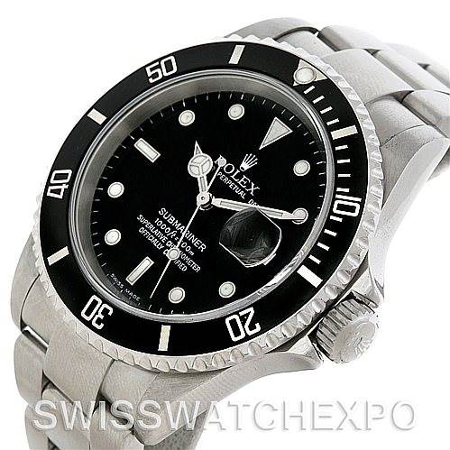 The image shows a Rolex Submariner 16610 Men's Stainless Steel Black Dial 16610 Men's Stainless Steel Black Dial watch from an angled view, highlighting its dial, bezel, crown, and part of the bracelet.