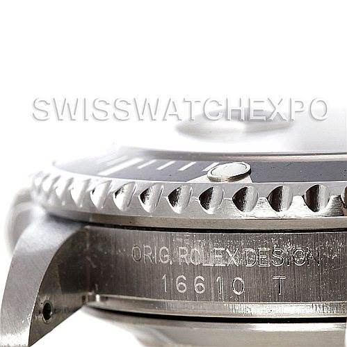 The image shows a close-up of the side and bezel of a Rolex Submariner 16610 Men's Stainless Steel Black Dial 16610 Men's Stainless Steel Black Dial model 16610 T watch.