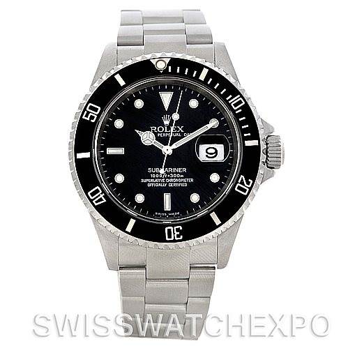 The image shows a front view of the Rolex Submariner 16610 Men's Stainless Steel Black Dial 16610 Men's Stainless Steel Black Dial watch, displaying the dial, bezel, crown, and stainless steel bracelet.