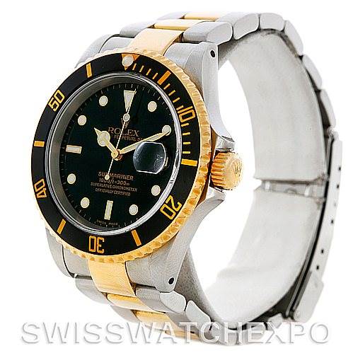This image shows a Rolex Submariner 16613 Men's Steel and Gold (two tone) Black Dial 16613 Men's Steel and Gold (two tone) Black Dial watch at a three-quarter angle, highlighting the face, bezel, crown, and bracelet.
