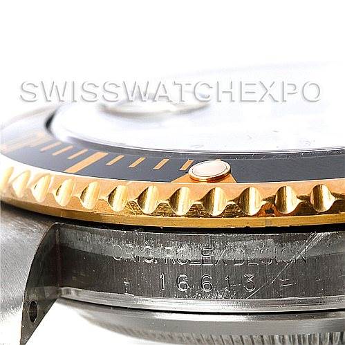 This image shows a close-up side view of the bezel and case of a Rolex Submariner 16613 Men's Steel and Gold (two tone) Black Dial 16613 Men's Steel and Gold (two tone) Black Dial watch, highlighting the model number.