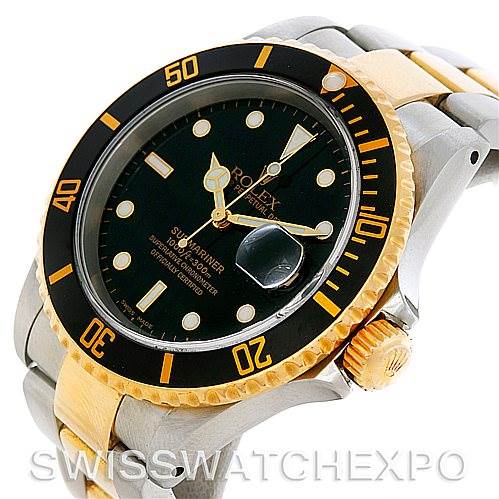 The image shows a Rolex Submariner 16613 Men's Steel and Gold (two tone) Black Dial 16613 Men's Steel and Gold (two tone) Black Dial watch at an angle displaying its face, bezel, crown, and bracelet.