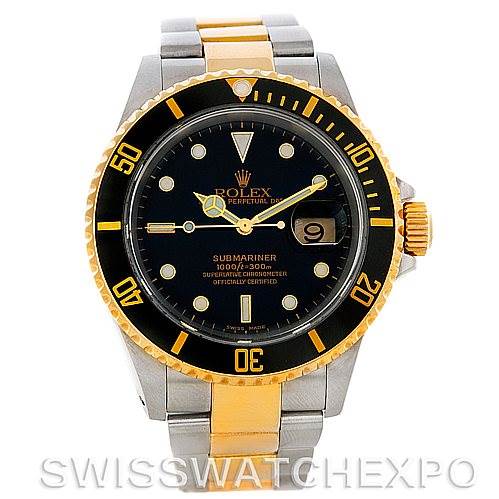 This image shows a front view of the Rolex Submariner 16613 Men's Steel and Gold (two tone) Black Dial 16613 Men's Steel and Gold (two tone) Black Dial watch, highlighting its black dial, gold accents, and metal bracelet.