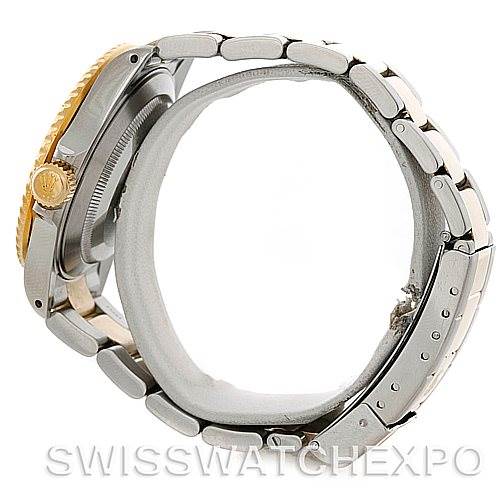 The image shows a side view of the Rolex Submariner 16613 Men's Steel and Gold (two tone) Black Dial 16613 Men's Steel and Gold (two tone) Black Dial, highlighting the watch's band, clasp, and crown.