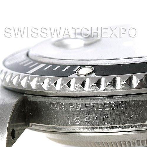 This close-up angle shows the bezel, crown, and part of the case of a Rolex Submariner 16610 Men's Stainless Steel Black Dial 16610 Men's Stainless Steel Black Dial watch, with the design number visible.