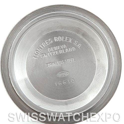 This image shows the inner case back of a Rolex Submariner 16610 Men's Stainless Steel Black Dial 16610 Men's Stainless Steel Black Dial watch, featuring engraved model details and brand information.
