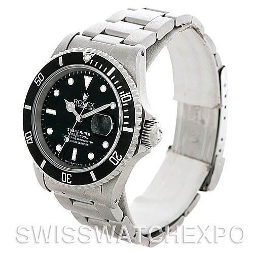 The Rolex Submariner 16610 Men's Stainless Steel Black Dial 16610 Men's Stainless Steel Black Dial watch is shown angled from the front left, highlighting the face, bezel, crown, and part of the bracelet.