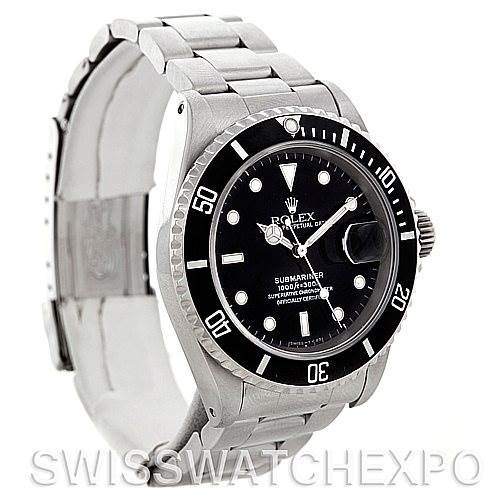The image shows a side angle and front view of a Rolex Submariner 16610 Men's Stainless Steel Black Dial 16610 Men's Stainless Steel Black Dial watch, displaying the dial, bezel, and bracelet.