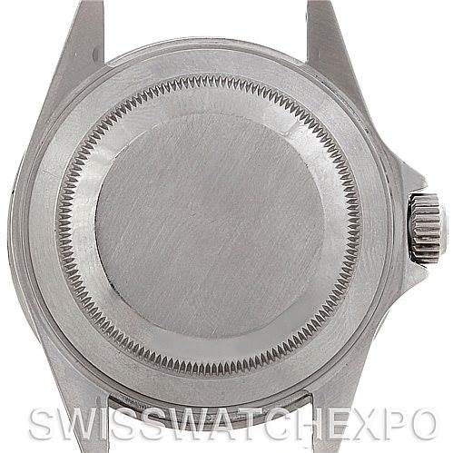 This image shows the case back and crown of a Rolex Submariner 16610 Men's Stainless Steel Black Dial 16610 Men's Stainless Steel Black Dial watch viewed from the back.