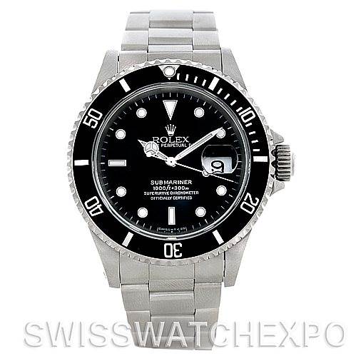 The image shows a front view of the Rolex Submariner 16610 Men's Stainless Steel Black Dial 16610 Men's Stainless Steel Black Dial watch, displaying its face, bezel, and part of the bracelet.