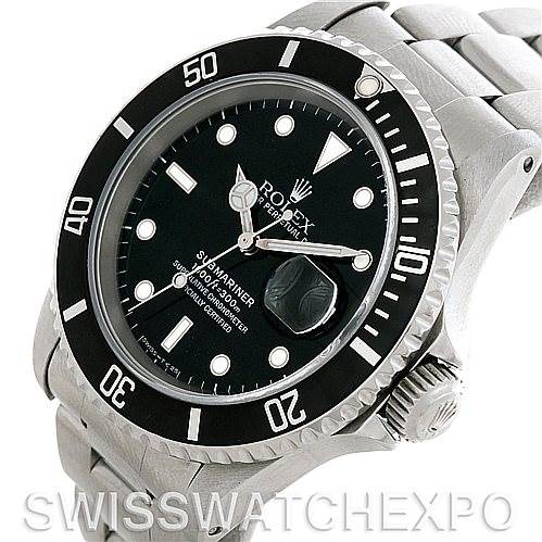The image shows a close-up of the Rolex Submariner 16610 Men's Stainless Steel Black Dial 16610 Men's Stainless Steel Black Dial, highlighting the face, bezel, crown, and part of the bracelet from an angled top view.