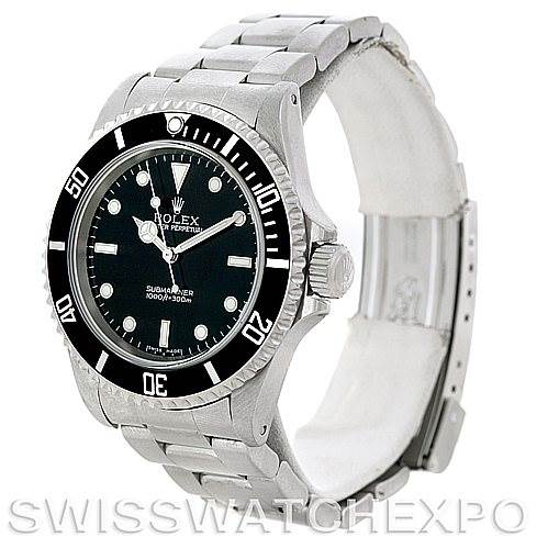 The image shows a Rolex Submariner 14060 Men
s Stainless Steel Black Dial 14060 Men
s Stainless Steel Black Dial watch from a front-angle view, highlighting its bezel, dial, bracelet, and crown.