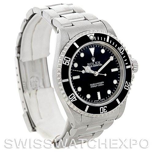 The image shows a Rolex Submariner 14060 Men
s Stainless Steel Black Dial 14060 Men
s Stainless Steel Black Dial watch from a front angle, detailing its dial, bezel, and bracelet.