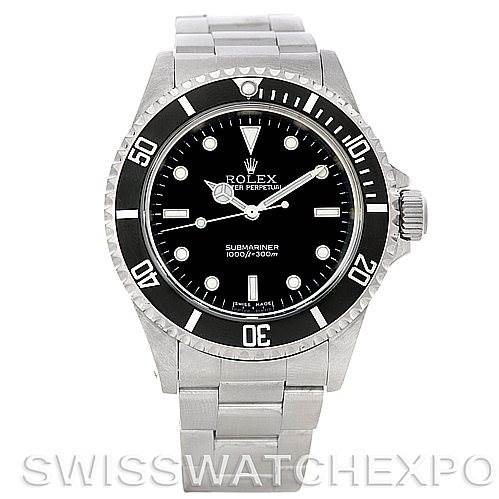 The image shows a front view of a Rolex Submariner 14060 Men
s Stainless Steel Black Dial 14060 Men
s Stainless Steel Black Dial watch, displaying the dial, bezel, case, and part of the bracelet.