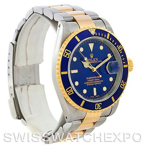 This Rolex Submariner 16613 Men's Steel and Gold (two tone) Blue Dial 16613 Men's Steel and Gold (two tone) Blue Dial watch is shown at a three-quarter angle, highlighting the dial, bezel, and bracelet.