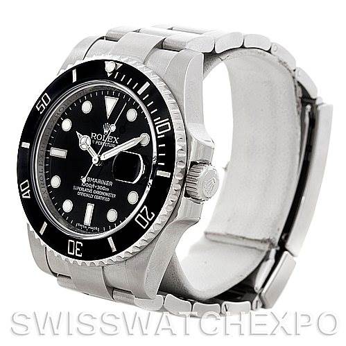 This image shows a side angle of the Rolex Submariner 116610LN Men's Stainless Steel Black Dial 116610LN Men's Stainless Steel Black Dial model, highlighting its bezel, dial, crown, and bracelet. 