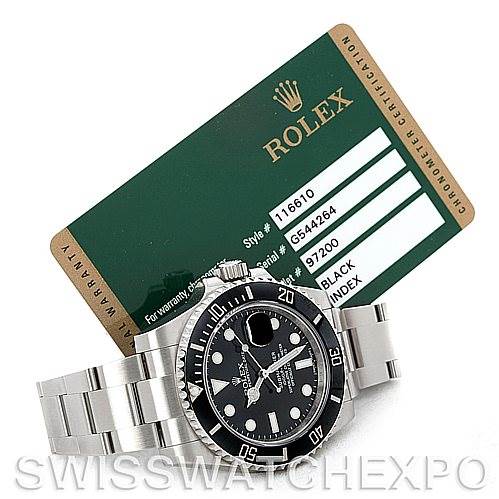 The image shows a Rolex Submariner 116610LN Men's Stainless Steel Black Dial 116610LN Men's Stainless Steel Black Dial watch and its certification card, taken from a top-down angle.