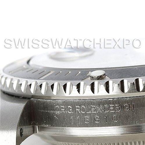 This close-up image shows the side of a Rolex Submariner 116610LN Men's Stainless Steel Black Dial 116610LN Men's Stainless Steel Black Dial watch, focusing on the bezel, crown, and engraved watch model number "116610."