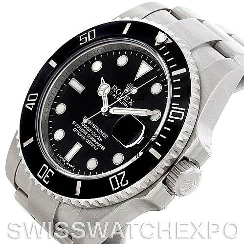 This image shows a Rolex Submariner 116610LN Men's Stainless Steel Black Dial 116610LN Men's Stainless Steel Black Dial watch at a slight angle, highlighting the bezel, dial, crown, and part of the bracelet.