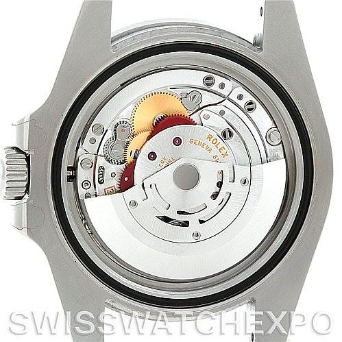 The image shows the Rolex Submariner 116610LN Men's Stainless Steel Black Dial 116610LN Men's Stainless Steel Black Dial watch from the back, revealing the internal movement and mechanical parts.