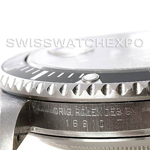 This image shows a close-up of the side of the Rolex Submariner 16610 Men's Stainless Steel Black Dial 16610 Men's Stainless Steel Black Dial watch, highlighting the bezel and the engraved model number "16610."