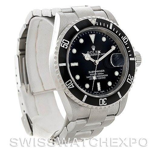 The image shows a Rolex Submariner 16610 Men's Stainless Steel Black Dial 16610 Men's Stainless Steel Black Dial watch at an angle featuring its face, bezel, and bracelet.