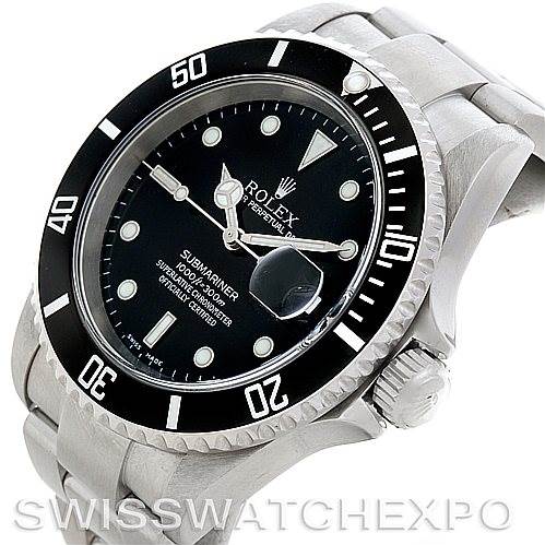 This Rolex Submariner 16610 Men's Stainless Steel Black Dial 16610 Men's Stainless Steel Black Dial watch is shown at a slightly angled side view, highlighting the dial, bezel, crown, and part of the bracelet.