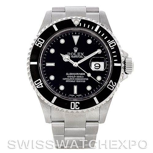 The image shows a front view of the Rolex Submariner 16610 Men's Stainless Steel Black Dial 16610 Men's Stainless Steel Black Dial watch, clearly displaying the dial, bezel, crown, and bracelet.