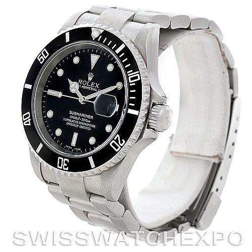 This image shows a side-angle view of the Rolex Submariner 16610 Men's Stainless Steel Black Dial 16610 Men's Stainless Steel Black Dial, highlighting its bezel, dial, bracelet, and crown.