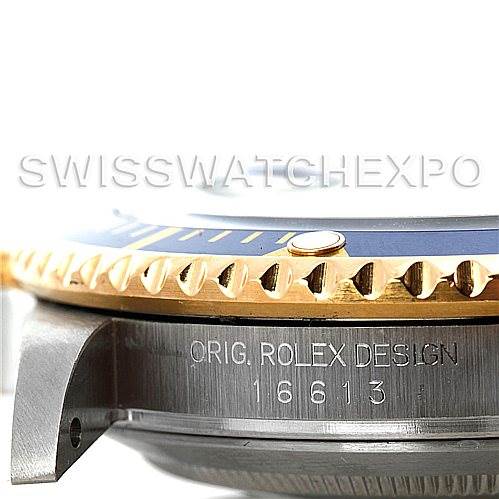 The image shows a close-up side view of a Rolex Submariner 16613 Men's Steel and Gold (two tone) Grey Dial 16613 Men's Steel and Gold (two tone) Grey Dial watch, highlighting the bezel and engraved model number 16613.