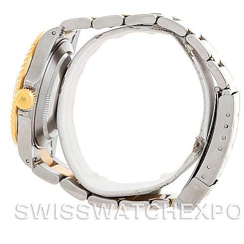 The image shows a side view of a Rolex Submariner 16613 Men's Steel and Gold (two tone) Grey Dial 16613 Men's Steel and Gold (two tone) Grey Dial watch, highlighting its case, crown, and bracelet links.