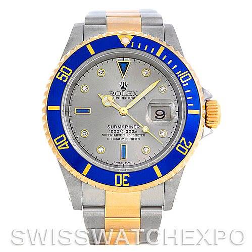 This image shows a front view of a Rolex Submariner 16613 Men's Steel and Gold (two tone) Grey Dial 16613 Men's Steel and Gold (two tone) Grey Dial watch, highlighting its bezel, dial, and bracelet.