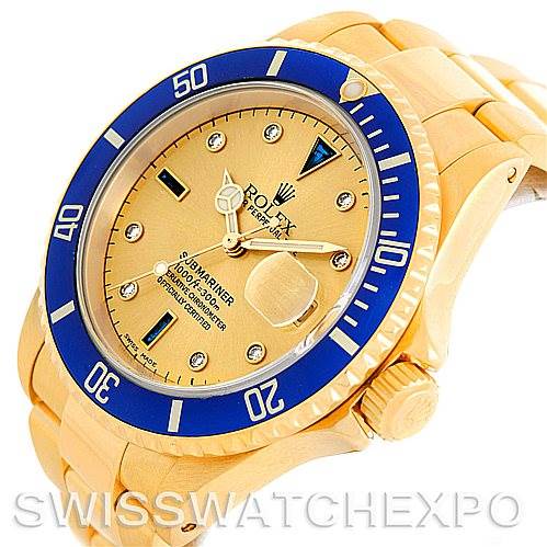 This image shows the front and side view of a Rolex Submariner 16618 Men's Yellow Gold Champagne Dial 16618 Men's Yellow Gold Champagne Dial watch, highlighting the bezel, crown, and part of the bracelet.