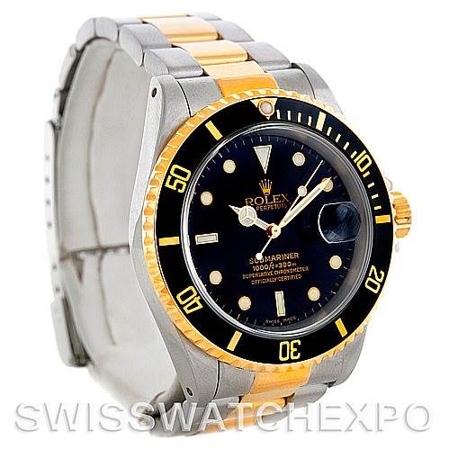 The image shows a Rolex Submariner 16613 Men's Steel and Gold (two tone) Black Dial 16613 Men's Steel and Gold (two tone) Black Dial watch with a two-tone bracelet, black bezel, and dial, viewed from a front and slightly left angle.
