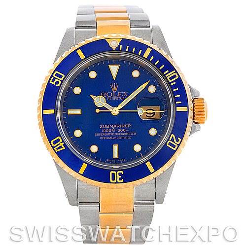 The image shows a front view of a Rolex Submariner 16613 Men's Steel and Gold (two tone) Blue Dial 16613 Men's Steel and Gold (two tone) Blue Dial watch, highlighting its blue dial, blue and gold bezel, and two-tone bracelet.