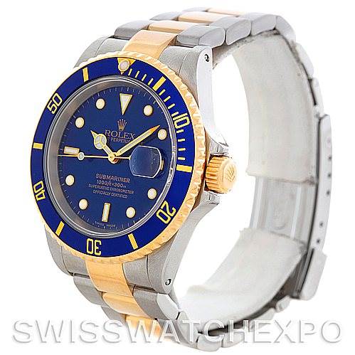 This image shows a side angle view of a Rolex Submariner 16613 Men's Steel and Gold (two tone) Blue Dial 16613 Men's Steel and Gold (two tone) Blue Dial watch, highlighting its blue and gold bezel, dial, and two-tone metal bracelet.