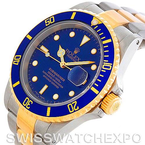 This image shows a frontal angled view of a Rolex Submariner 16613 Men's Steel and Gold (two tone) Blue Dial 16613 Men's Steel and Gold (two tone) Blue Dial model, highlighting the blue and gold bezel, dial, and part of the bracelet.