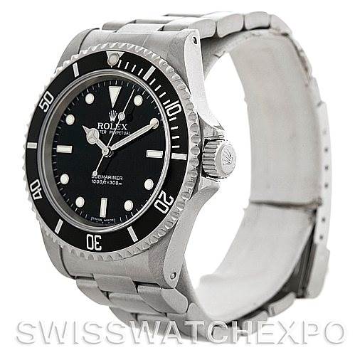 The image shows a side angle view of the Rolex Submariner 14060 Men's Stainless Steel Black Dial 14060 Men's Stainless Steel Black Dial watch, highlighting its bezel, crown, and bracelet.