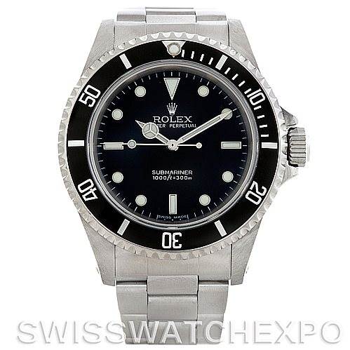The image shows a front view of the Rolex Submariner 14060 Men's Stainless Steel Black Dial 14060 Men's Stainless Steel Black Dial watch, displaying the dial, bezel, case, and bracelet.