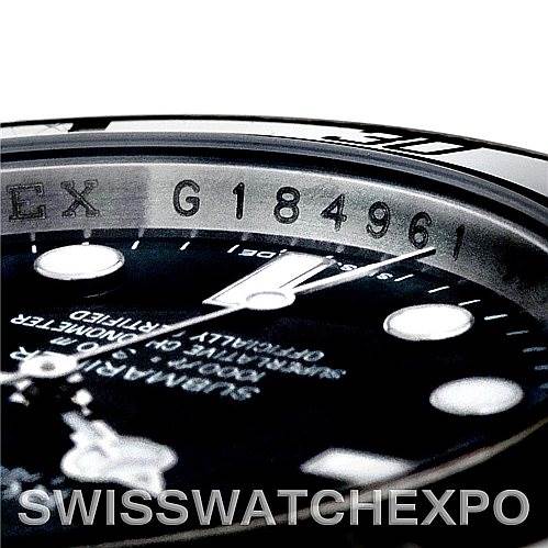 The image shows a close-up of the dial and rehaut of a Rolex Submariner 116610 Men's Stainless Steel Black Dial 116610 Men's Stainless Steel Black Dial, including the serial number engraved on the rehaut.