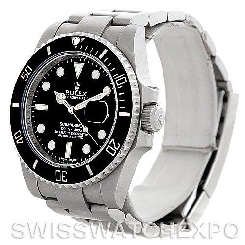 This image shows a Rolex Submariner 116610 Men's Stainless Steel Black Dial 116610 Men's Stainless Steel Black Dial watch from a three-quarter angle, highlighting the dial, bezel, crown, and bracelet.