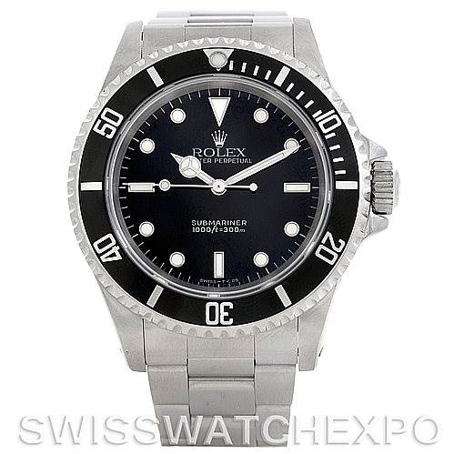 This image shows a front view of a Rolex Submariner 14060 Men's Stainless Steel Black Dial 14060 Men's Stainless Steel Black Dial watch, featuring its bezel, dial, crown, and bracelet.
