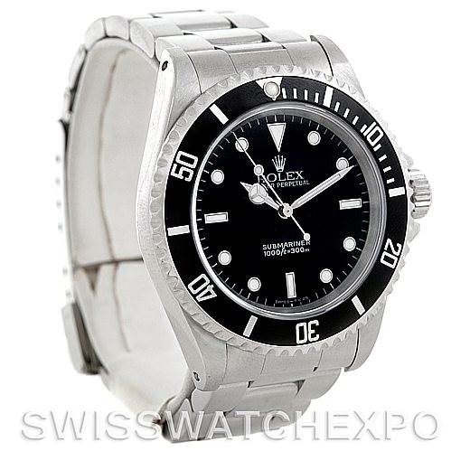 This image shows a Rolex Submariner 14060 Men's Stainless Steel Black Dial 14060 Men's Stainless Steel Black Dial watch at a diagonal angle, highlighting the black dial, bezel, and stainless steel bracelet.