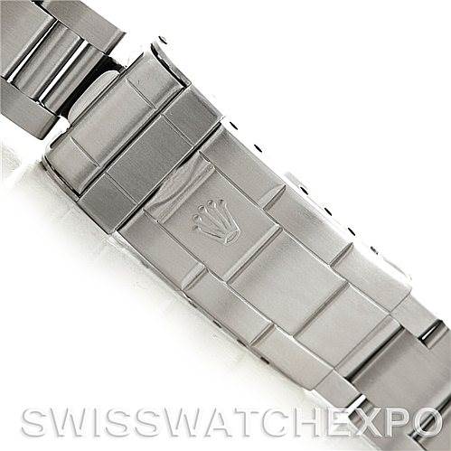 This image shows a close-up of the clasp and part of the bracelet of a Rolex Submariner 14060 Men's Stainless Steel Black Dial 14060 Men's Stainless Steel Black Dial watch.