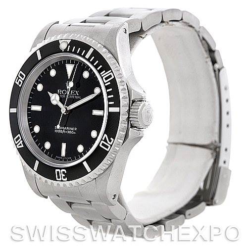 The image shows a Rolex Submariner 14060 Men's Stainless Steel Black Dial 14060 Men's Stainless Steel Black Dial watch angled from the front-left, displaying the watch's face, bezel, and partially opened bracelet.