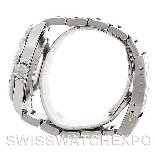 This image shows a side view of a Rolex Submariner 16610 Men's Stainless Steel Black Dial 16610 Men's Stainless Steel Black Dial watch, focusing on its bracelet, clasp, and crown.