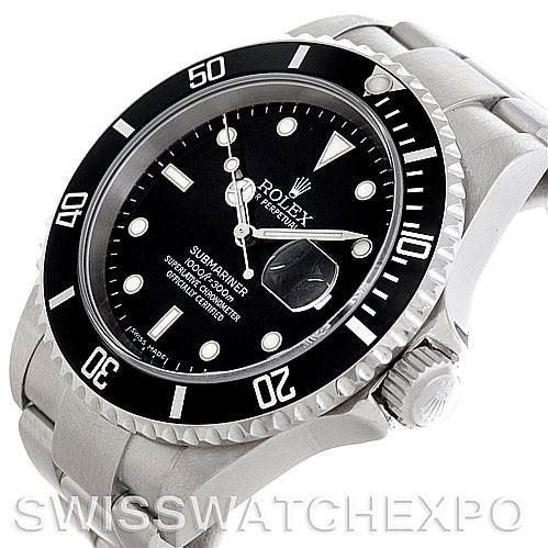 This image shows a Rolex Submariner 16610 Men's Stainless Steel Black Dial 16610 Men's Stainless Steel Black Dial watch at a slight angle, highlighting the bezel, dial, crown, and part of the bracelet.