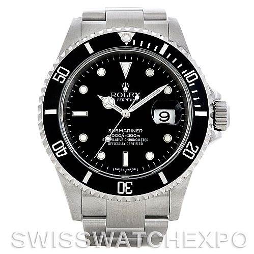The image shows a front view of the Rolex Submariner 16610 Men's Stainless Steel Black Dial 16610 Men's Stainless Steel Black Dial watch displaying its dial, bezel, bracelet, and date window.
