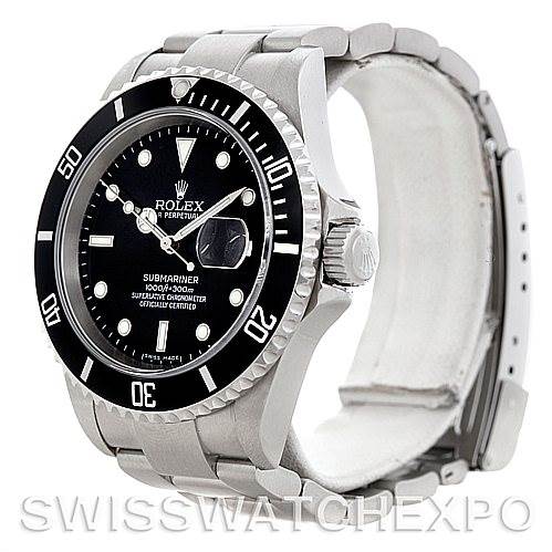 This image shows a side angle of the Rolex Submariner 16610 Men's Stainless Steel Black Dial 16610 Men's Stainless Steel Black Dial watch, highlighting the face, bezel, crown, and bracelet.
