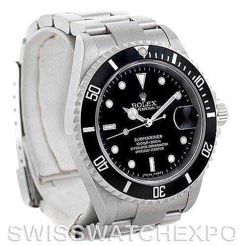 This image shows a front angled view of the Rolex Submariner 16610 Men's Stainless Steel Black Dial 16610 Men's Stainless Steel Black Dial watch, highlighting its black dial, bezel, and stainless steel bracelet.